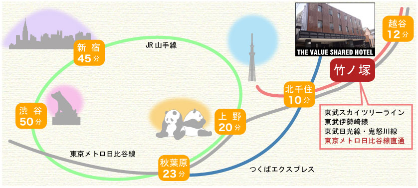 竹ノ塚からの路線図 東武スカイツリーライン、東部伊勢崎線、つくばエクスプレスや東京メトロ日比谷線乗り入れ、上野・秋葉原直通で通勤に便利